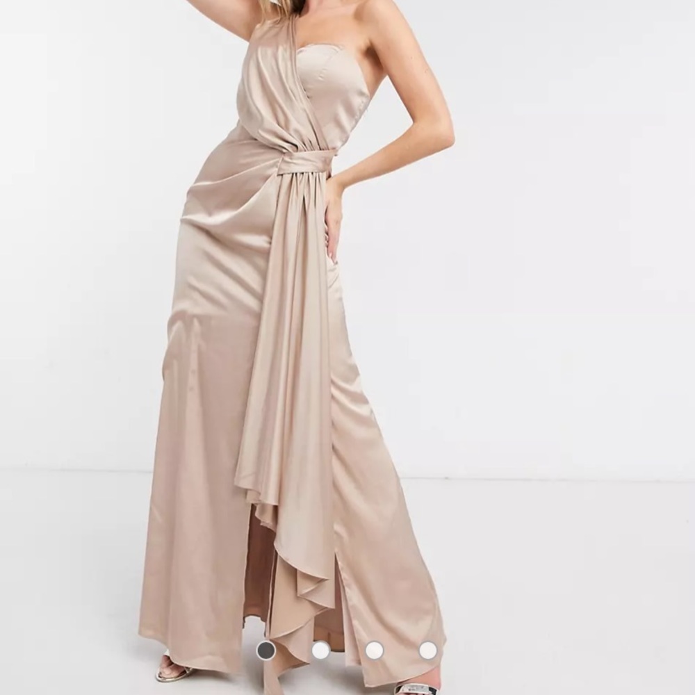 CHI CHI LONDON Tasha Draped One-Shoulder Champagne Satin Dress